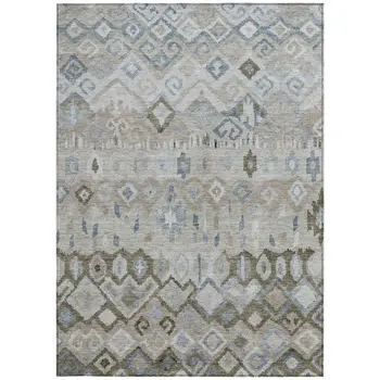3' X 5' Beige Taupe And Blue Geometric Washable Indoor Outdoor Area Rug