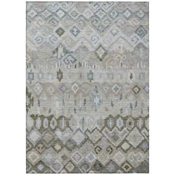 3' X 5' Beige Taupe And Blue Geometric Washable Indoor Outdoor Area Rug