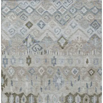 3' X 5' Beige Taupe And Blue Geometric Washable Indoor Outdoor Area Rug
