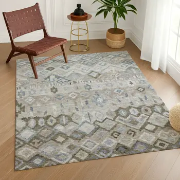 3' X 5' Beige Taupe And Blue Geometric Washable Indoor Outdoor Area Rug