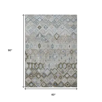 5' X 8' Beige Taupe And Blue Geometric Washable Indoor Outdoor Area Rug