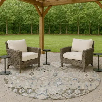 8' Beige Taupe And Blue Round Geometric Washable Indoor Outdoor Area Rug