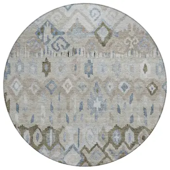8' Beige Taupe And Blue Round Geometric Washable Indoor Outdoor Area Rug
