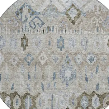 8' Beige Taupe And Blue Round Geometric Washable Indoor Outdoor Area Rug