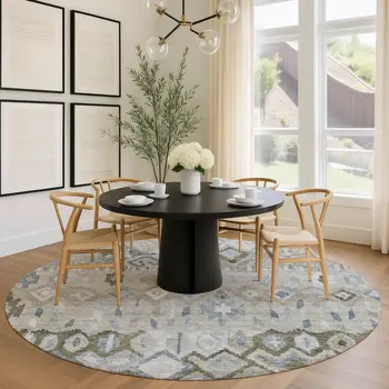 8' Beige Taupe And Blue Round Geometric Washable Indoor Outdoor Area Rug
