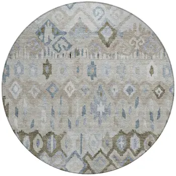 8' Beige Taupe And Blue Round Geometric Washable Indoor Outdoor Area Rug