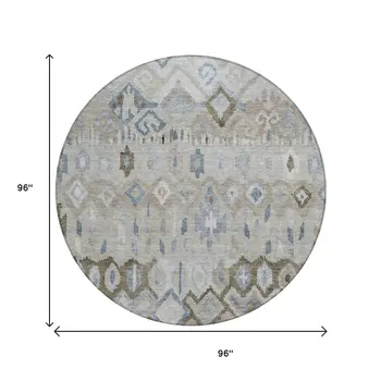 8' Beige Taupe And Blue Round Geometric Washable Indoor Outdoor Area Rug
