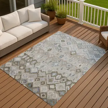 10' X 14' Beige Taupe And Blue Geometric Washable Indoor Outdoor Area Rug