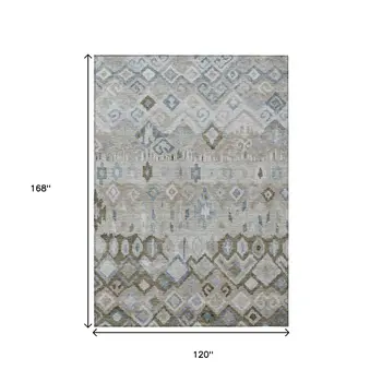 10' X 14' Beige Taupe And Blue Geometric Washable Indoor Outdoor Area Rug