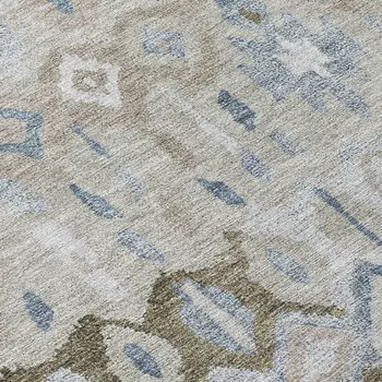 10' X 14' Beige Taupe And Blue Geometric Washable Indoor Outdoor Area Rug