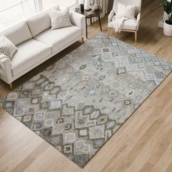 10' X 14' Beige Taupe And Blue Geometric Washable Indoor Outdoor Area Rug