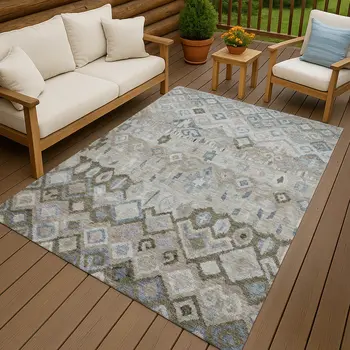 10' X 14' Beige Taupe And Blue Geometric Washable Indoor Outdoor Area Rug
