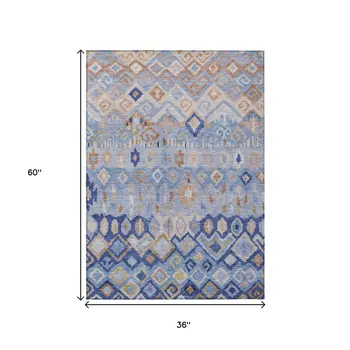 3' X 5' Blue And Taupe Geometric Washable Indoor Outdoor Area Rug