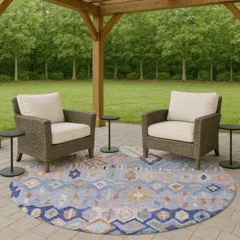 8' Blue And Taupe Round Geometric Washable Indoor Outdoor Area Rug