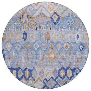 8' Blue And Taupe Round Geometric Washable Indoor Outdoor Area Rug