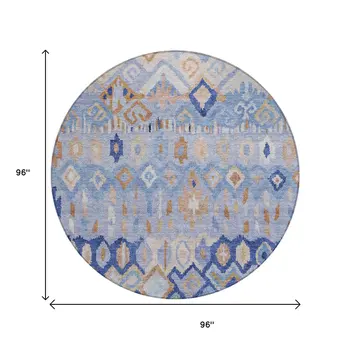 8' Blue And Taupe Round Geometric Washable Indoor Outdoor Area Rug