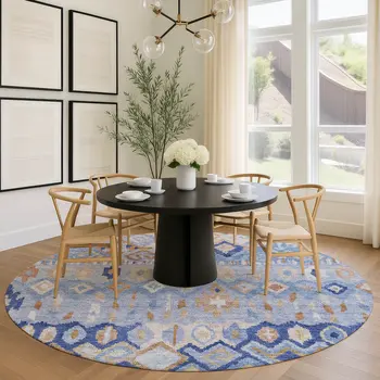 8' Blue And Taupe Round Geometric Washable Indoor Outdoor Area Rug