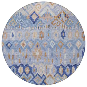 8' Blue And Taupe Round Geometric Washable Indoor Outdoor Area Rug