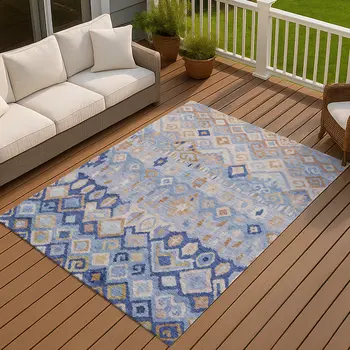 9' X 12' Blue And Taupe Geometric Washable Indoor Outdoor Area Rug