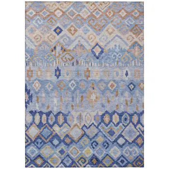 9' X 12' Blue And Taupe Geometric Washable Indoor Outdoor Area Rug