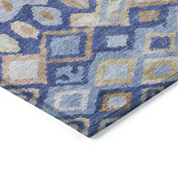 9' X 12' Blue And Taupe Geometric Washable Indoor Outdoor Area Rug
