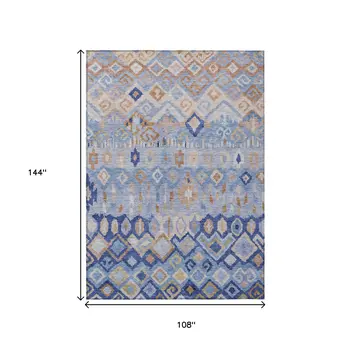 9' X 12' Blue And Taupe Geometric Washable Indoor Outdoor Area Rug