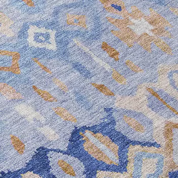 9' X 12' Blue And Taupe Geometric Washable Indoor Outdoor Area Rug