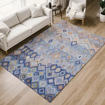 9' X 12' Blue And Taupe Geometric Washable Indoor Outdoor Area Rug
