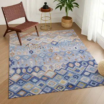 9' X 12' Blue And Taupe Geometric Washable Indoor Outdoor Area Rug
