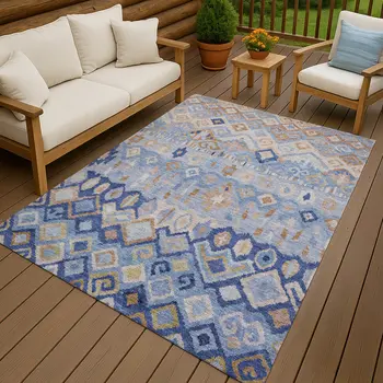 9' X 12' Blue And Taupe Geometric Washable Indoor Outdoor Area Rug