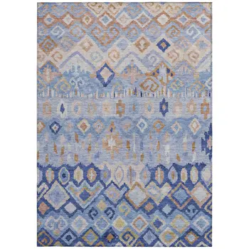 10' X 14' Blue And Taupe Geometric Washable Indoor Outdoor Area Rug