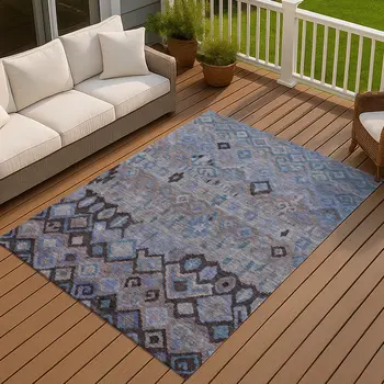 5' X 8' Brown Blue And Charcoal Geometric Washable Indoor Outdoor Area Rug