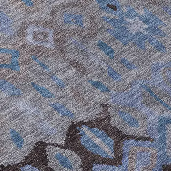 5' X 8' Brown Blue And Charcoal Geometric Washable Indoor Outdoor Area Rug