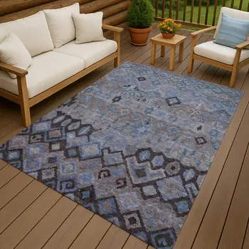 5' X 8' Brown Blue And Charcoal Geometric Washable Indoor Outdoor Area Rug