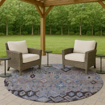 8' Brown Blue And Charcoal Round Geometric Washable Indoor Outdoor Area Rug