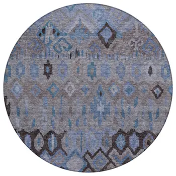 8' Brown Blue And Charcoal Round Geometric Washable Indoor Outdoor Area Rug