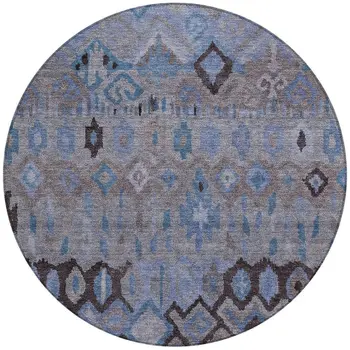 8' Brown Blue And Charcoal Round Geometric Washable Indoor Outdoor Area Rug