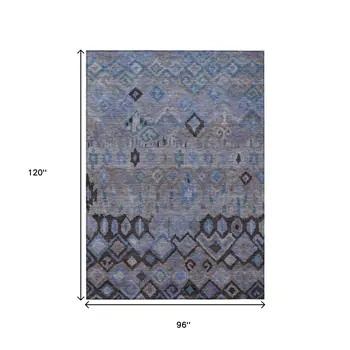 8' X 10' Brown Blue And Charcoal Geometric Washable Indoor Outdoor Area Rug