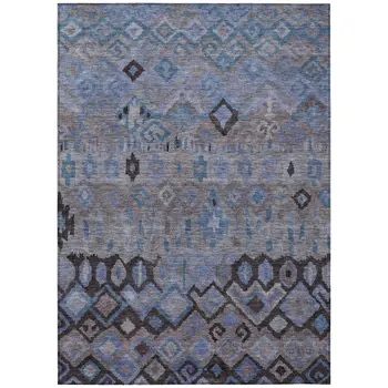 9' X 12' Brown Blue And Charcoal Geometric Washable Indoor Outdoor Area Rug
