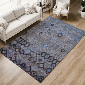 9' X 12' Brown Blue And Charcoal Geometric Washable Indoor Outdoor Area Rug