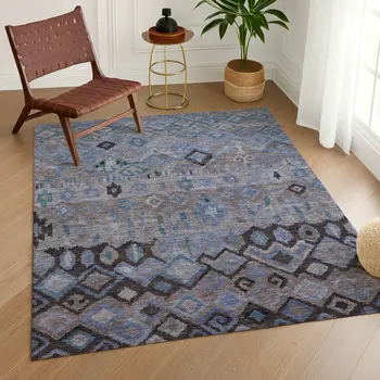 10' X 14' Brown Blue And Charcoal Geometric Washable Indoor Outdoor Area Rug