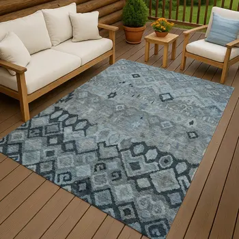 5' X 8' Gray And Charcoal Geometric Washable Indoor Outdoor Area Rug