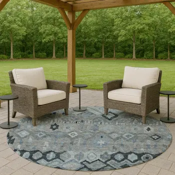 8' Gray And Charcoal Round Geometric Washable Indoor Outdoor Area Rug