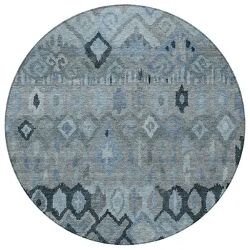 8' Gray And Charcoal Round Geometric Washable Indoor Outdoor Area Rug