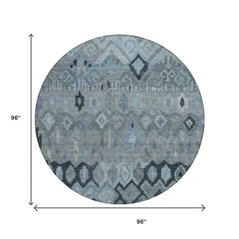 8' Gray And Charcoal Round Geometric Washable Indoor Outdoor Area Rug