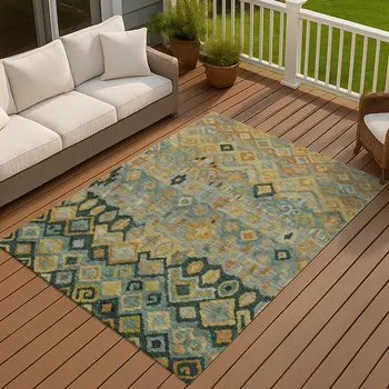 3' X 5' Green Gold And Copper Geometric Washable Indoor Outdoor Area Rug