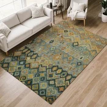 3' X 5' Green Gold And Copper Geometric Washable Indoor Outdoor Area Rug
