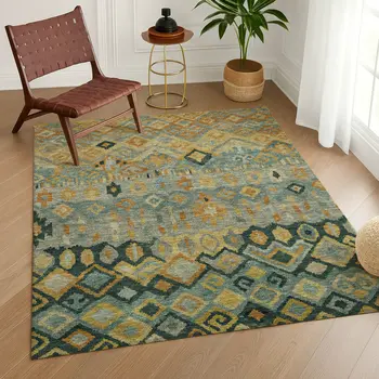 3' X 5' Green Gold And Copper Geometric Washable Indoor Outdoor Area Rug