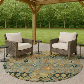 8' Green Gold And Copper Round Geometric Washable Indoor Outdoor Area Rug