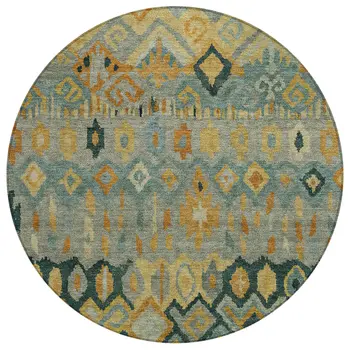 8' Green Gold And Copper Round Geometric Washable Indoor Outdoor Area Rug